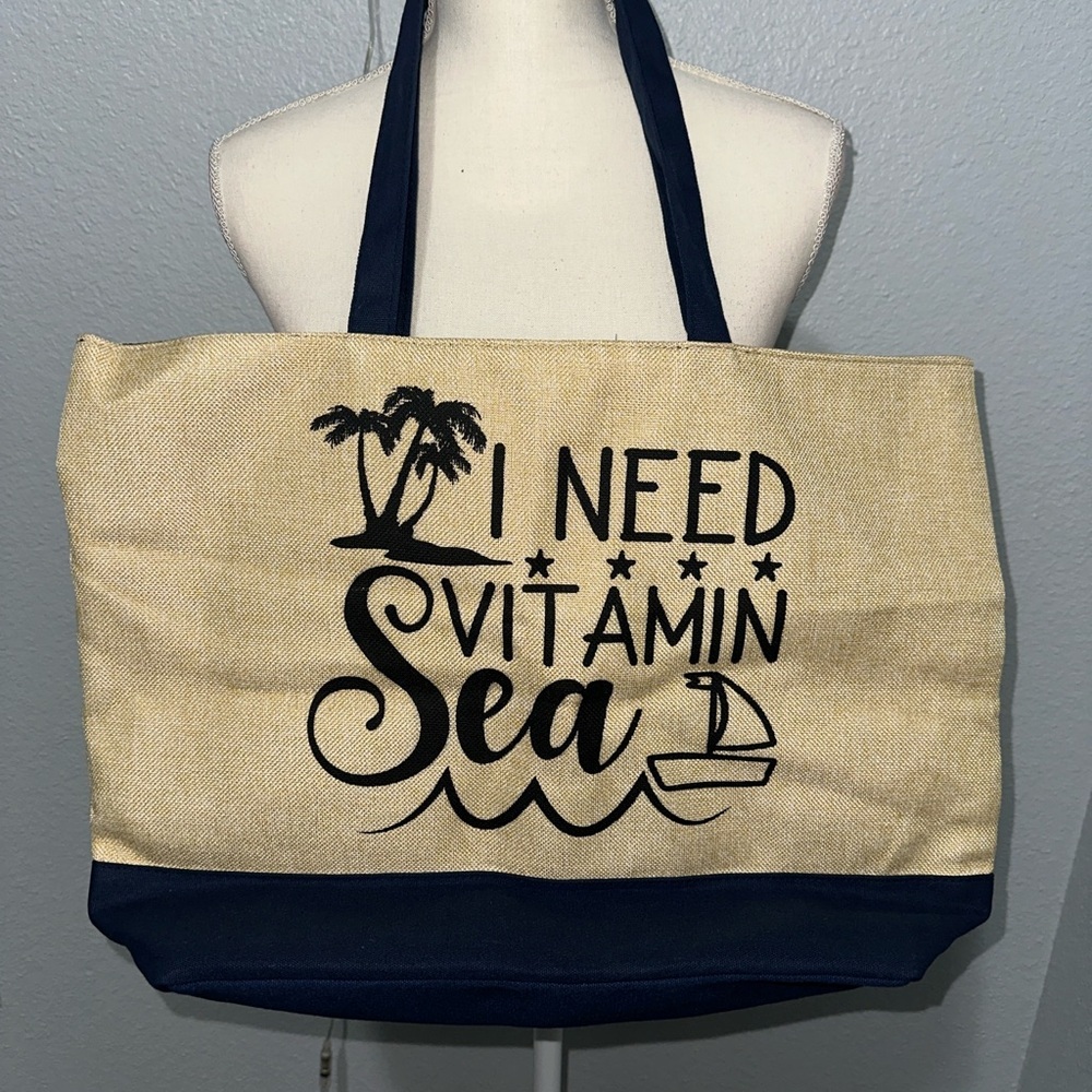 Beige and Navy Tote Bag with Nautical Print